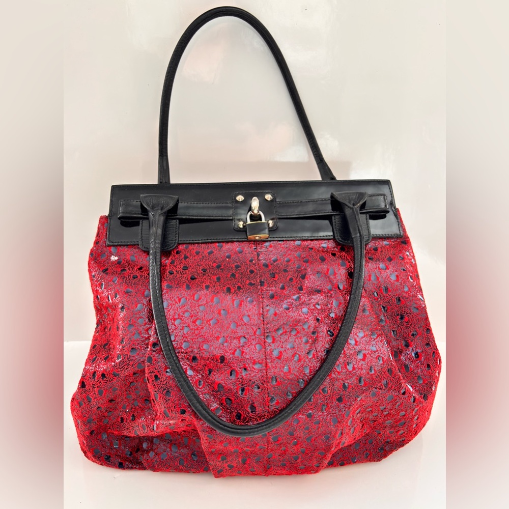 Vtg Due Fratelli Red And Black Leather Shoulder Bag